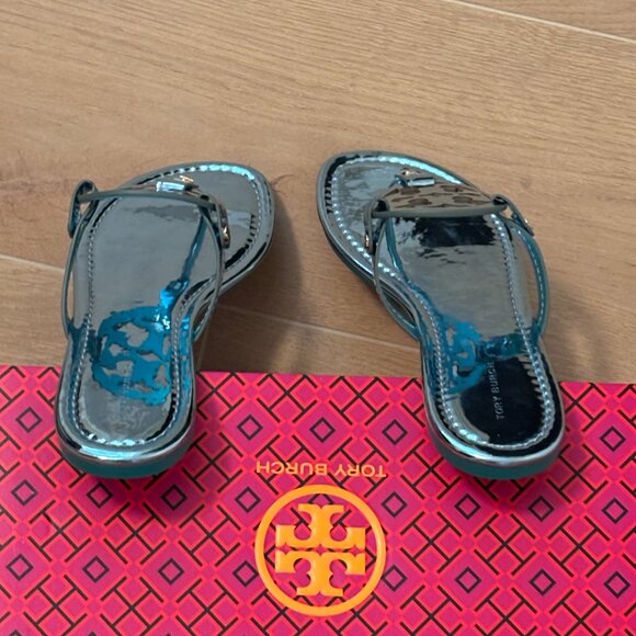 Tory Burch Miller Mirrored Metallic Sandal- Teal Color - Picture 9 of 11